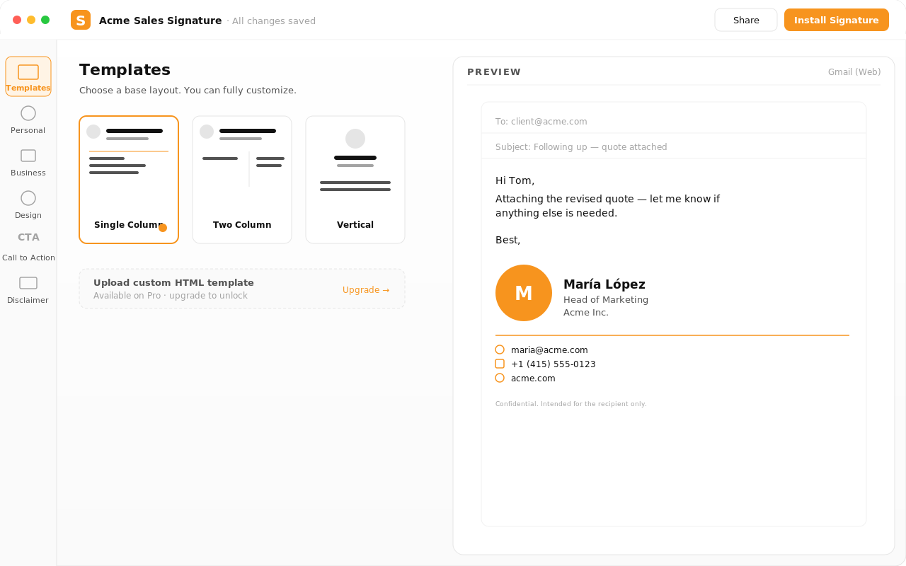 Sigent.ai editor with live preview and tabbed form.